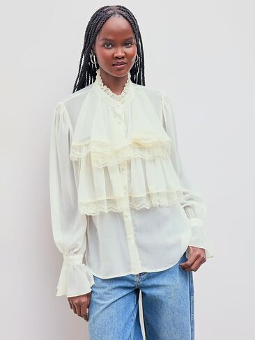 CIDER Chiffon High Neck Soild Lace Faux Pearl Long Sleeve Blouse in Saudi Arabia