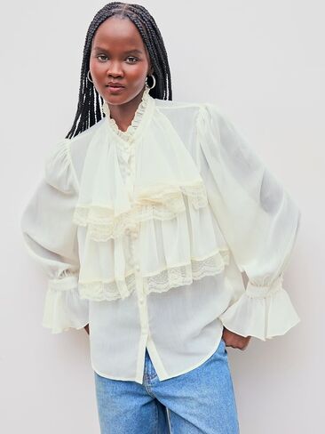 CIDER Chiffon High Neck Soild Lace Faux Pearl Long Sleeve Blouse in Saudi Arabia