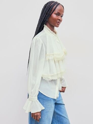 CIDER Chiffon High Neck Soild Lace Faux Pearl Long Sleeve Blouse in Saudi Arabia