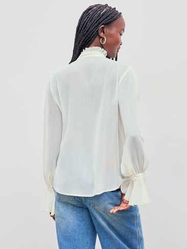 CIDER Chiffon High Neck Soild Lace Faux Pearl Long Sleeve Blouse in Saudi Arabia