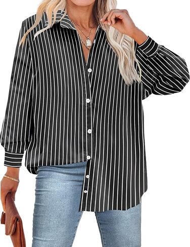 IN'VOLAND Womens Plus Size Button Down Shirt Striped Casual Shirt Long Sleeve Fall Blouse Collared Office Work Blouses Tops in Kuwait