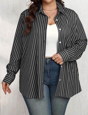 IN'VOLAND Womens Plus Size Button Down Shirt Striped Casual Shirt Long Sleeve Fall Blouse Collared Office Work Blouses Tops in Kuwait