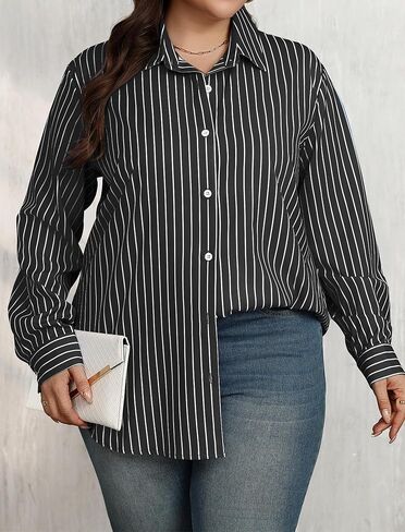 IN'VOLAND Womens Plus Size Button Down Shirt Striped Casual Shirt Long Sleeve Fall Blouse Collared Office Work Blouses Tops in Kuwait