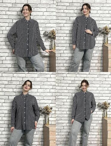 IN'VOLAND Womens Plus Size Button Down Shirt Striped Casual Shirt Long Sleeve Fall Blouse Collared Office Work Blouses Tops in Kuwait