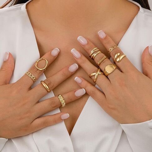 10PCS Chunky Rings for Women Adjustable Gold Rings Stacking Open Rings Set Open Rings Band Statement Jewelry in Saudi Arabia