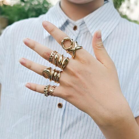 10PCS Chunky Rings for Women Adjustable Gold Rings Stacking Open Rings Set Open Rings Band Statement Jewelry in Saudi Arabia