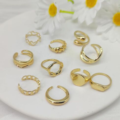 10PCS Chunky Rings for Women Adjustable Gold Rings Stacking Open Rings Set Open Rings Band Statement Jewelry in Saudi Arabia