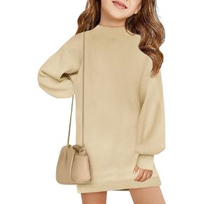 Haloumoning Girls Oversized Sweater Dress Kids Fall Long Lantern Sleeve Ribbed Knit Pullover Dresses