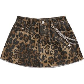 MakeMeChic Women's Cheetah Print Denim Skirt Chain Raw Trim Cargo Skirt Y2k Mini Skirts