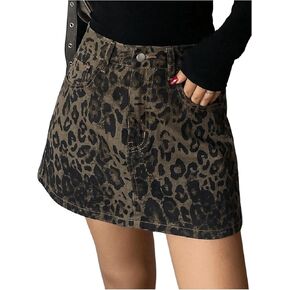 Milumia Women's Denim Leopard Print Mini Skirt A Line Short Skirt with Pockets