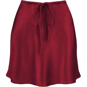 Women's Satin High Waisted Mini Skirt Drawstring A-Line Flared Flowy Casual Silk Short Skirts