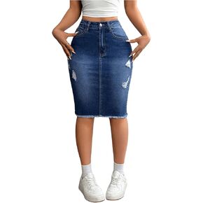 WDIRARA Women's Denim Pencil Skirt High Waisted Ripped Raw Hem Knee Length Stretch Bodycon Skirt