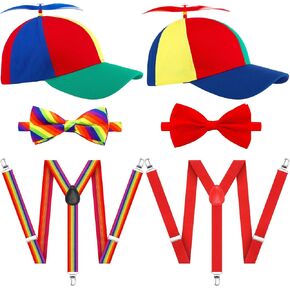 Bonuci 6 قطع زي مهرج مجموعة تشمل 2 قطعة قوس قزح المروحة قبعة للبالغين 2 قطعة Y الظهر نمط الحمالات 2 قطعة ربطة عنق هليكوبتر أعلى قبعة قابل للتعديل ربطة عنق تأثيري الطرف in Kuwait