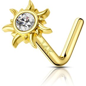 COCHARM 14K Yellow Gold Nose Stud 20g/ 22g 14K Real Gold Nose Ring Stud 14K Cute L Bend Nose Jewelry for Women Men Burning Sun Nose Piercing 14kt Solid Gold Nose Stud 6mm Long Post