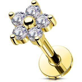 OUFER Cartilage Piercing Jewelry, Stainless Steel 16G Cartilage Earring Flat Back, Internally Threaded Lip Labret Rings Studs, Big 5MM Floral CZ Cartilage Helix Tragus Earrings for Women Men