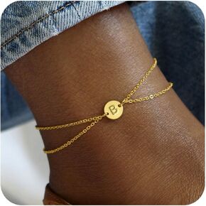 Turandoss Gold Initial Ankle Bracelets for Women - Dainty 14K Gold Filled Layered Letter Initial Ankle Bracelets Personalized 26 Alphabet Disc Monogram Ankle Bracelets for Women Beach Jewelry Gifts