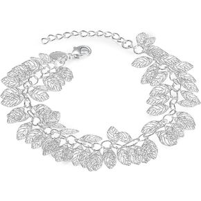 925 Plated Silver Hand Chain Hollow Filigree Leaves Charms Pendants Leaf Bracelets for Women Lace Leaf Bridal Bracelet for Wedding Vintage Boho Style Adjustable Bracelet and Anklet 8"