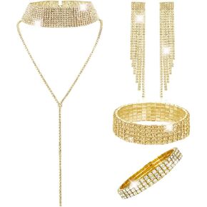 4Pcs Women Glitter Bling Rhinestone Crystal Jewelry Set Tassel Choker Necklace Stretch Bangle Bracelet Ankle Anklet Crystal Fringe Dangle Earrings for Women