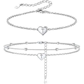Silvora 925 Sterling Silver Heart Initial Anklet and Bracelet Set for Women, Alphabet A-Z Jewelry with Beadeds, Delicate Letter Charms Jewels Gift for Female BFF, for Birthday Party