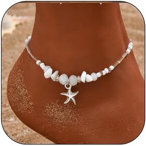 الحجر الطبيعي مطرز الخلخال أساور للنساء الصيف نجم البحر شاطئ الخلخال سوار قابل للتعديل للماء أوبال الفيروز نجم البحر شل خلخال الطبيعة البيضاء حجر سيرفر القدم سلسلة مجوهرات in Kuwait