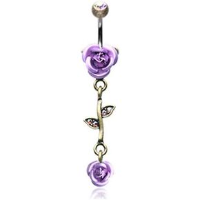 Pierced Owl - 14G Burnished Stainless Steel CZ Crystal Leaves and Vine Rose Flower Dangling Belly Button Ring