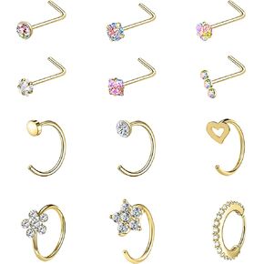 12PCS 20G 18G Nose Piercing Kit Nose Rings Hoops Surgical Steel L Shape Nose Studs for Nose Rings for Women Silver Gold Nose Piercing Jewelry
