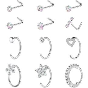 12PCS 20G 18G Nose Piercing Kit Nose Rings Hoops Surgical Steel L Shape Nose Studs for Nose Rings for Women Silver Gold Nose Piercing Jewelry