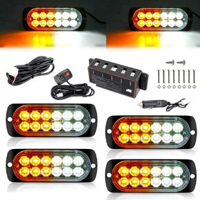 4 PCS [Sync Feature] LED Strobe Lights for Trucks, LED Emergency Lights with Controller, Ultra Slim Grille Warning Flashing Hazard Light for Trucks, Car, Vehicles, Construction - Red/White