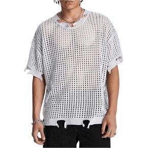 Verdusa Men's Y2k Gothic Clothes Hollow Out Ripped Sweater Short Sleeve Casual Knit Top