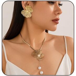 Ginkgo Biloba Leaf Tassel Earrings Necklace Set,Boho Y Pendant Necklace Dainty Ginkgo Biloba Leaf Earrings Floral Statement Necklace Large Plant Leaves Flower Choker Earrings Summer Jewelry for Women