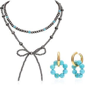 3PCS Navajo Pearl Bow Necklace Western Jewelry for Women Cowgirl Turquoise Necklaces Jewelry Turquoise Beaded Huggie Hoop Earrings