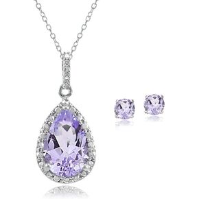 B. BRILLIANT Sterling Silver Gemstone Teardrop Necklace & Stud Earrings Gift Jewelry Set for Women
