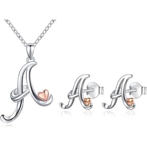 CELESTIA 925 Sterling Silver Initial Necklaces & Initial Earrings for Women Rose Gold Heart Jewelry