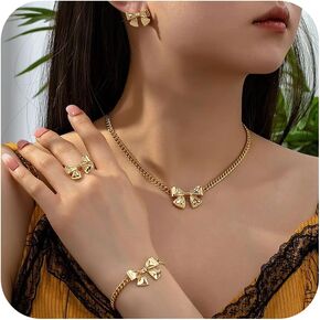 Bow Necklace Earrings Bracelet Ring Set for Women Gold Bow Jewelry Set Ribbon Bowknot Stud Earrings Dainty Bow Charm Necklace Adjustable Bow Ring Bracelet Set Jewelry Gifts