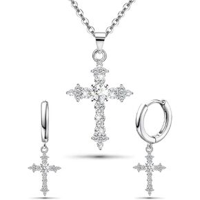 Sterling Silver Cross Necklace and Earrings Set for Women Sparkling CZ Cross Pendant Stud Earrings Jewelry Set Small Dainty Easter Gifts for Daughter Birthday