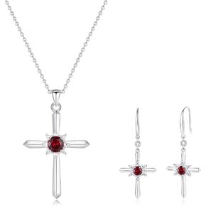 FANCIME Garnet Cross Necklace and Cross Earrings for Women Sterling Silver January Birthstone Jewelry Set