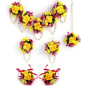 Jewellery Flowers Jewellery Set For Haldi Gota Patti Necklace, Earrings, Bracelet & Maang Tika for Women & Girls ( Mehandi/Haldi/Wedding/Bridal/Baby Shower ), Standard, Paper, No Gemstone