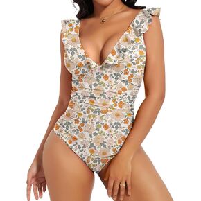 SHAPERIN Women's Ruffle One Piece Swimsuits Tummy Control Bathing Suit Sexy V Neck Swimwear Adjustable Straps