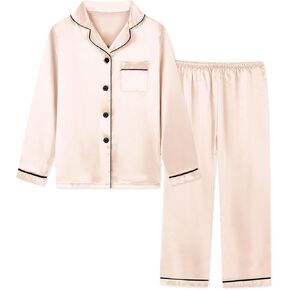 Schbbbta Girls & Women Pajamas Set, 2 Piece Satin Silky Pjs Button-Down Kids Sleepwear, 3 Years - XX-Large