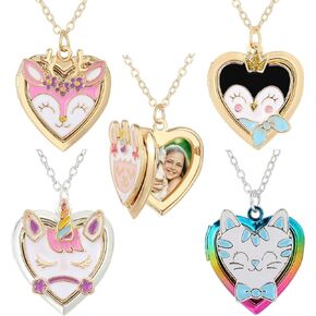 PinkSheep Heart Locket Necklace Picture Necklace for Girl Women Boy Kids Photo Secret Inside Storage Vintage Necklace Unicorn Deer Cat Pendant Kids Gifts Jewelry Young Girls Women