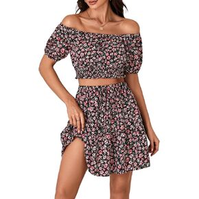 Vrtige Women's 2 Piece Outfits Floral Off Shoulder Short Sleeve Crop Top and Ruffle Mini Skirt Set
