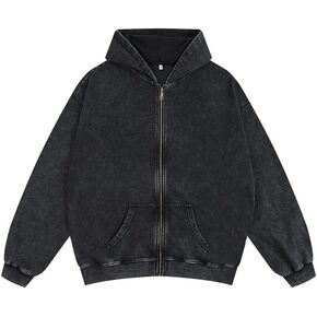 BINTEHGS Basic Oversized Vintage Zip Up Hoodie for Women Baggy Acid Wash Jacket Y2k Retro Grunge Zipper Sweatshirts Loose Fit