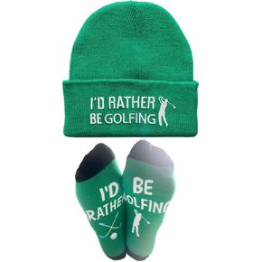 Novelty Socks Beanie Winter Warm Knit Hat, I'd Rather Be Golfing, Funny Socks for Men, Women Green