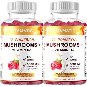 Vitamatic 2 Packs Mushroom Complex with D3 Gummies, 60 Pectin Based Gummies, 3000 mg Equivalent Per Serving, (Total 120 Gummies)