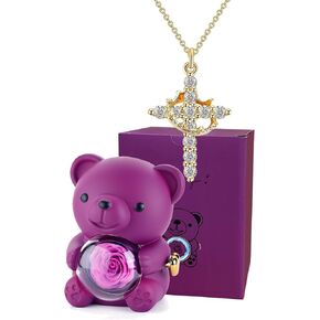 Preserved Flower Bear Rotating Gift Box - Cute bear gift box and exquisite cross, romantic gift suitable for birthdays, Valentine's Day and Christmas gifts (Blue box+Golden neclace)