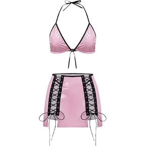 Women's 3 Piece Lingerie Sets Gothic Punk Pu Leather Halter V Neck Bra Thongs and Mini Skirt Set