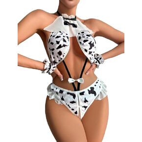 WDIRARA Women's 3piece Outfit Cow Patterned Halter Bow Backless Cut Out Lingerie Sets