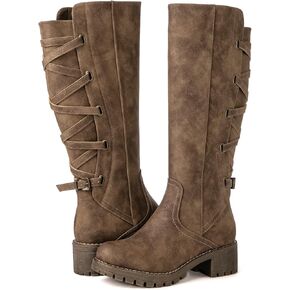 GLOBALWIN Women's Strappy Motorcycle Knee High Boots Riding Boots Back Lace Up Fall Winter Fashion Knee High Boots For Women