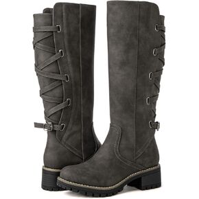 GLOBALWIN Women's Strappy Motorcycle Knee High Boots Riding Boots Back Lace Up Fall Winter Fashion Knee High Boots For Women in Kuwait