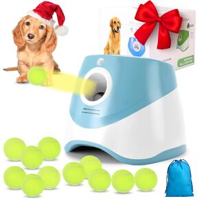 Automatic Ball Launcher for Dogs, Dog Ball Thrower Launcher with 12 Tennis Balls, Adjustable 10-30ft Tennis Ball Thrower for Dogs, Dog Fetch Machine for Small to Medium Dogs Indoor/Outdoor (Blue)